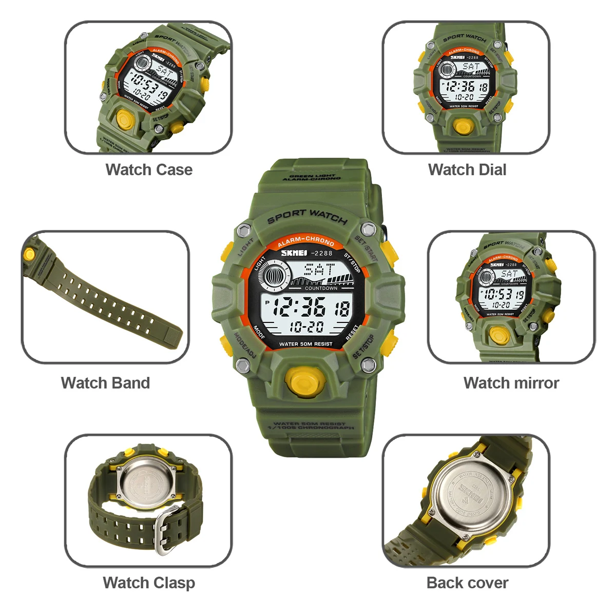 SKMEI Fashion Digital movement LED Light Men Wristwatches Stopwatch 50m Waterproof Alarm Clock