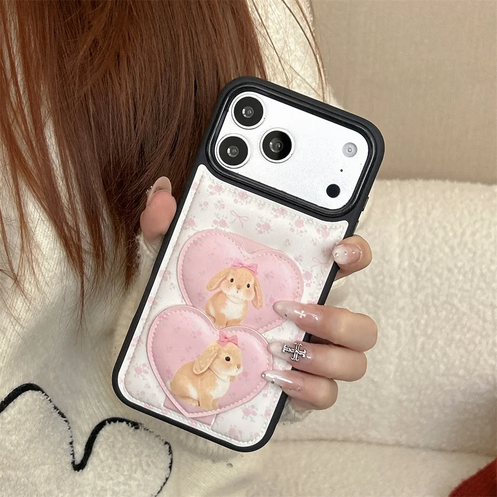 

Korean Little Flower Leather Phone Case for iPhone 17 16 15 Pro 17 Pro 16 Pro Max Cover With Love Rabbit Stand Fashion Case Capa
