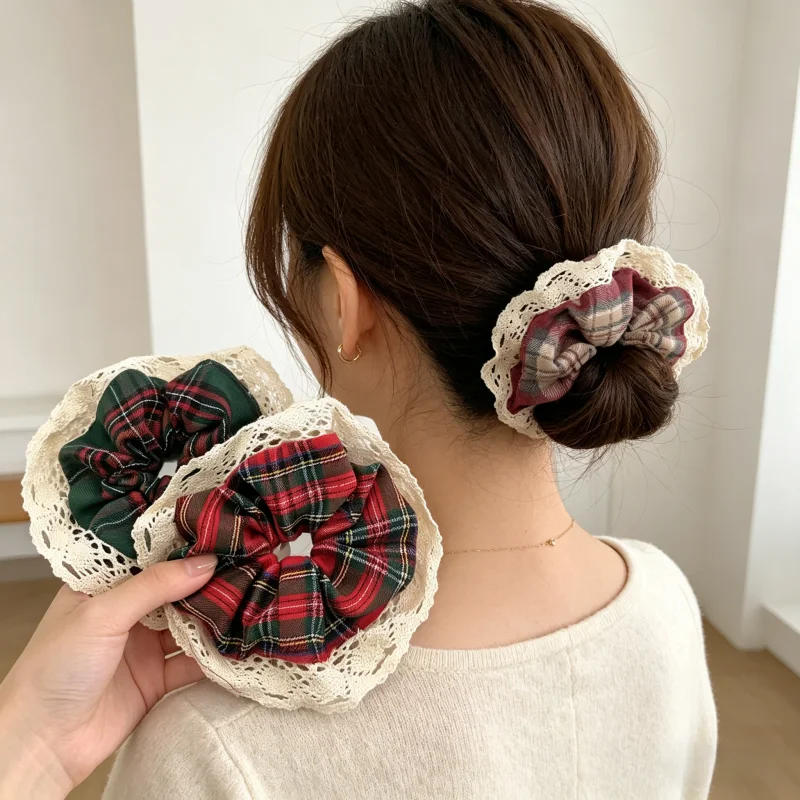 

Vintage Plaid Lace Trim Scrunchies Elastic Hair Ties for Women Girls Soft Fabric Ponytail Holders Retro Hair Accessories