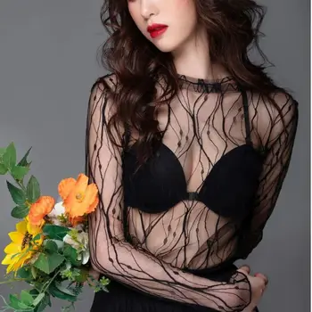 여성용 우아한 레이스 티셔츠 메쉬 긴 소매 탑 탑을 통해 투명한 쉬어 블라우스 하이 넥 바닥 셔츠