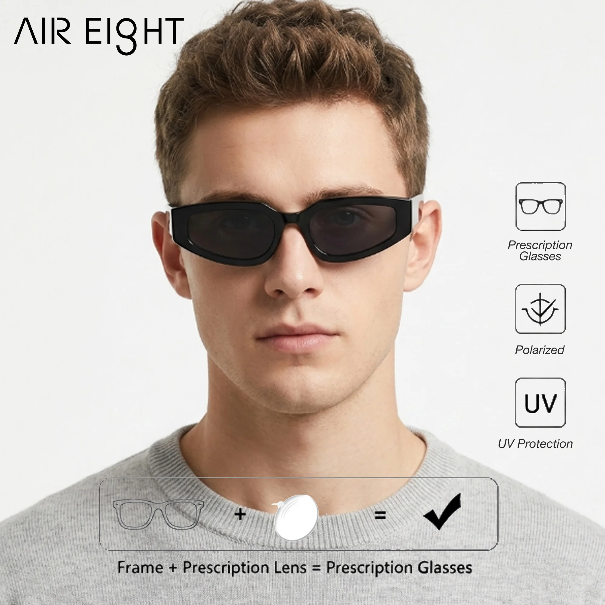 AIR EIGHT L Size Rectangle Acetate For Men Prescription Sunglasses Progressive Polarized UV400 Eyewear