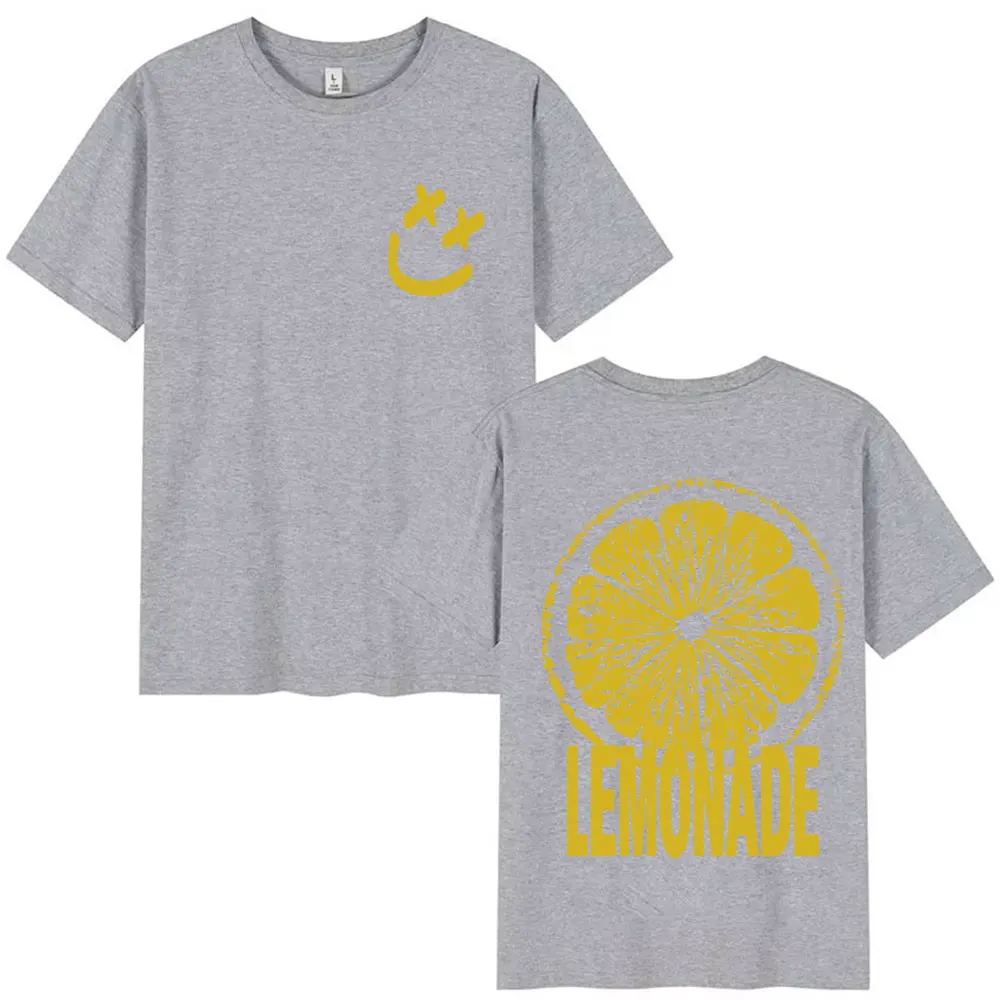 Neutral double-sided printed T-shirt with black round neck, yellow cross eyes, smiling face letters, back pattern, short sleeved