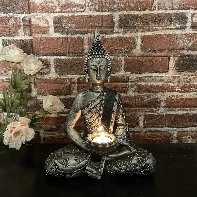 Buddha Statue Candle Tea Light Holder Meditating Buddha with Patina Gold Finish Sitting Sculpture Candle Holder Feng Shui Decor
