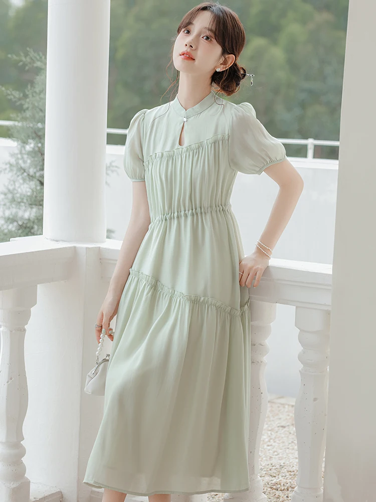 Summer New Fashion Versatile Lazy Style Loose Dress Women's Half Open Neck Puff Sleeves Drawstring Slim Fit Long Dress