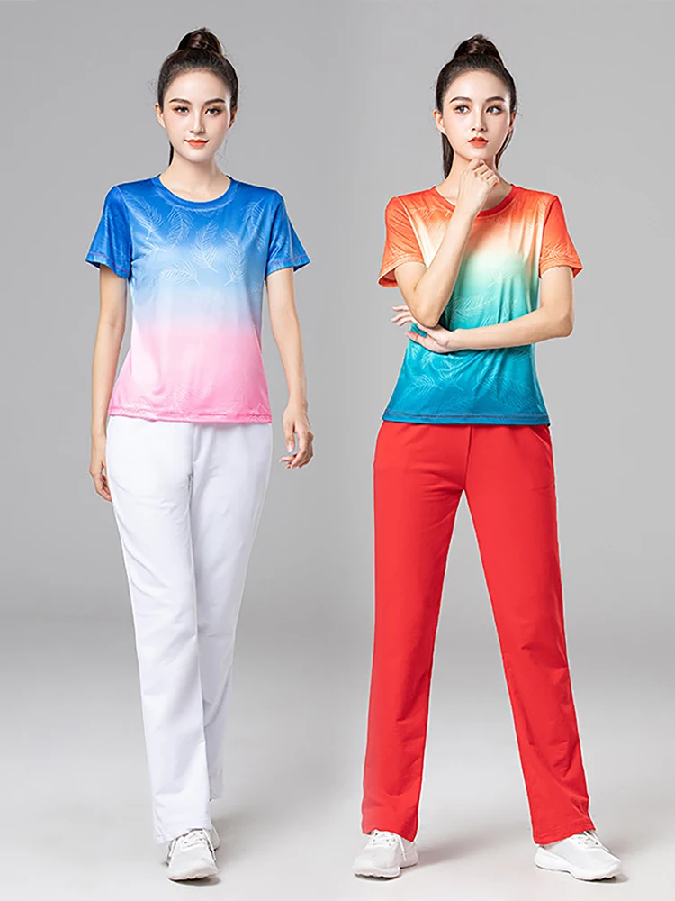 Summer Sport Quick Dry Breathable Short Sleeve Gradient Group Fitness Short Skirt Set Women's Square Dance Clothing New Style