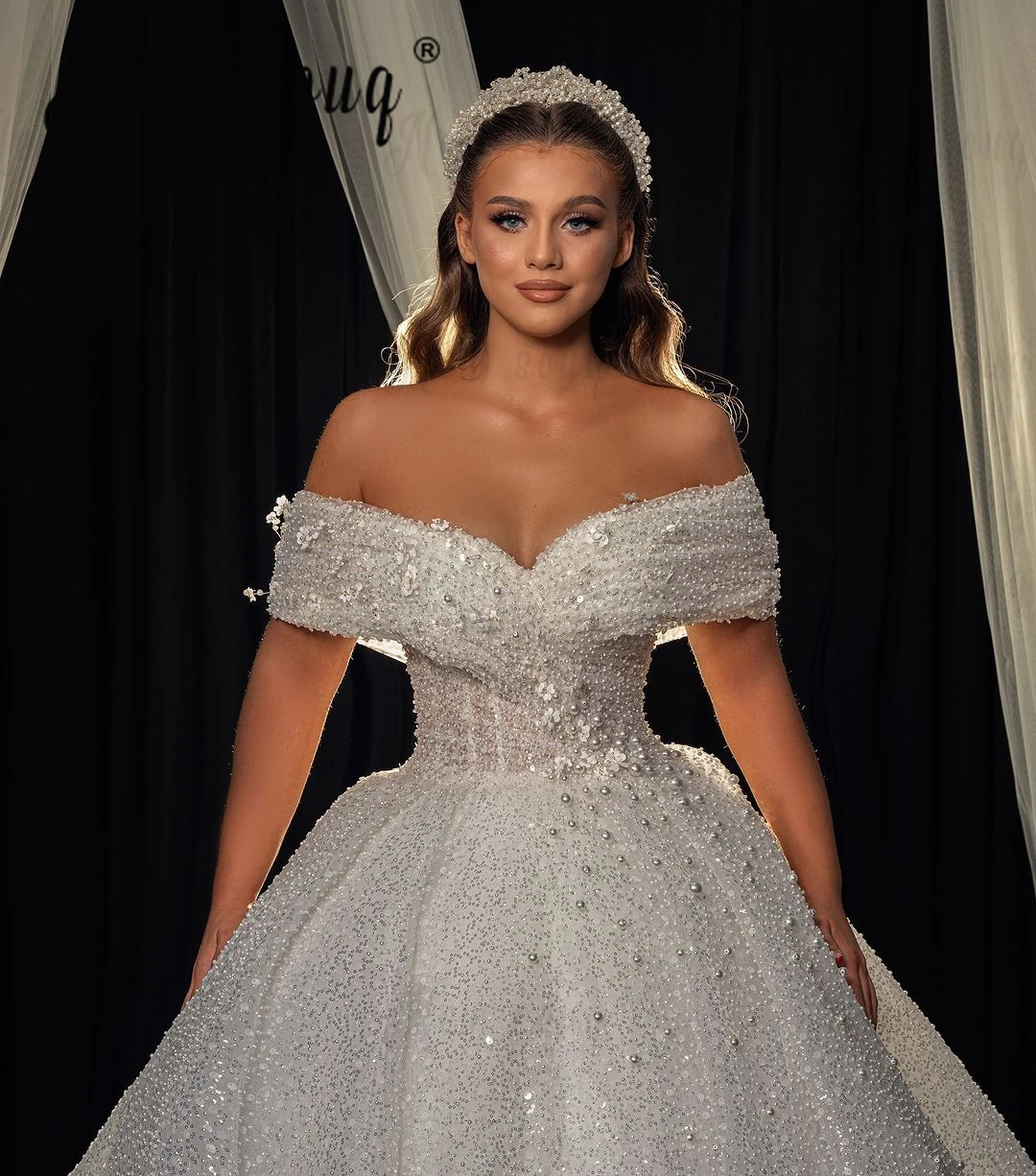 Full Pearls Off Shoulder Elegant Wedding Dress Custom Made For Women 2024 3D Flower Lace Bridal Gowns Corset Back Plus Size