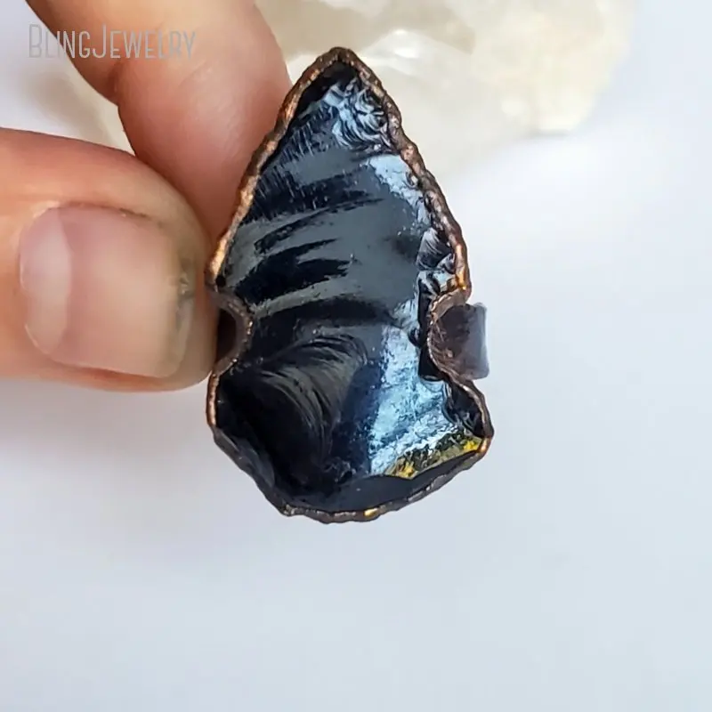 

Gothic Goth Obsidian Arrowhead Copper Electroformed Halloween Jewelry Raw Stone Boho Cocktail Crystal Statement Ring For Women