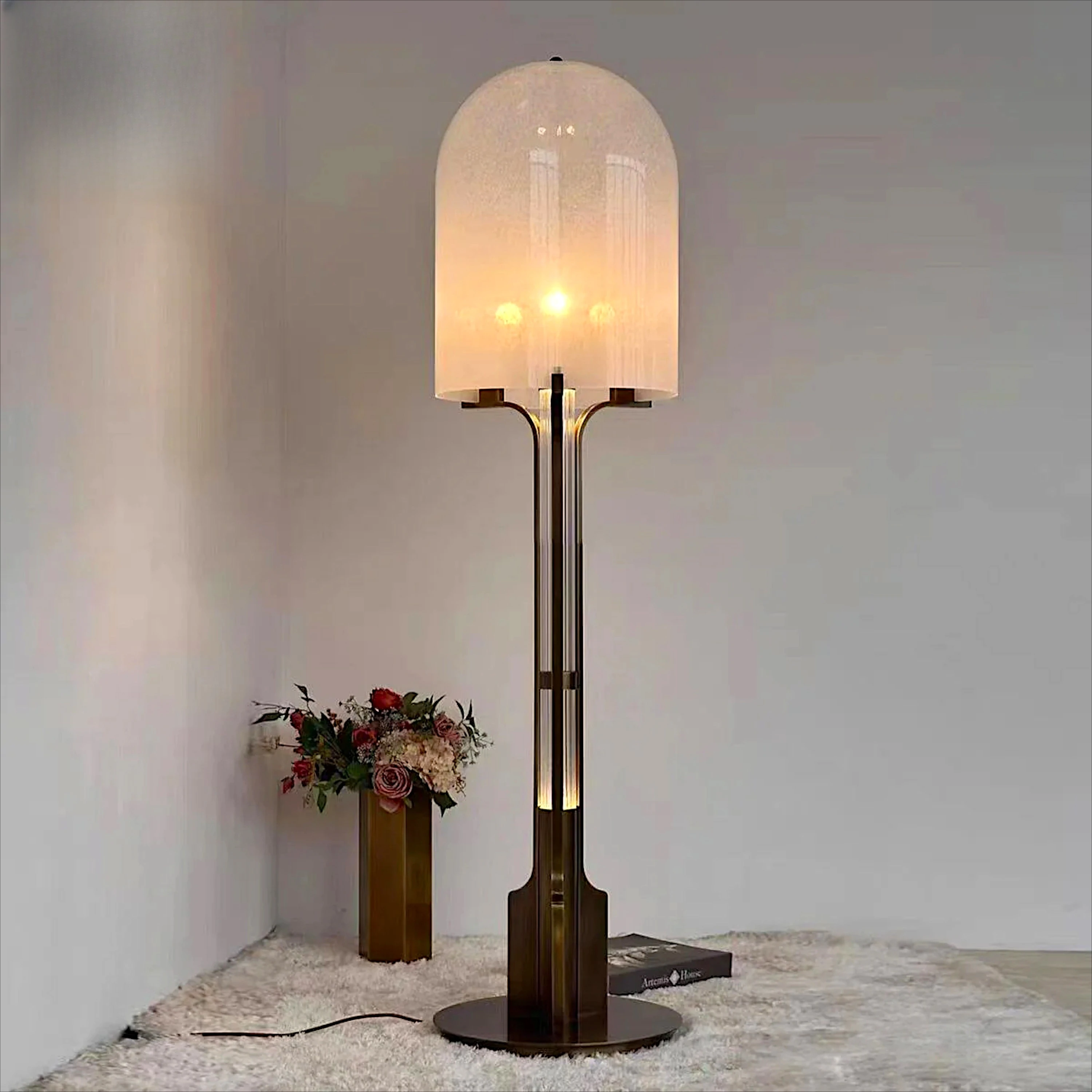 Modern luxury glass dome floor lamp, bronze metal frame living room vertical lamp