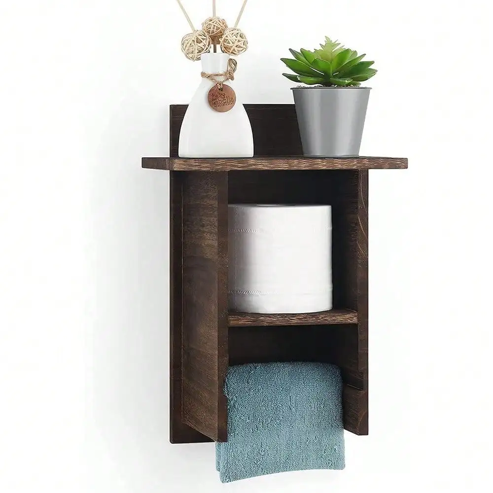 Wood Toilet Paper Holder with Storage Shelf Wall Mount Towel Rack for Bathroom