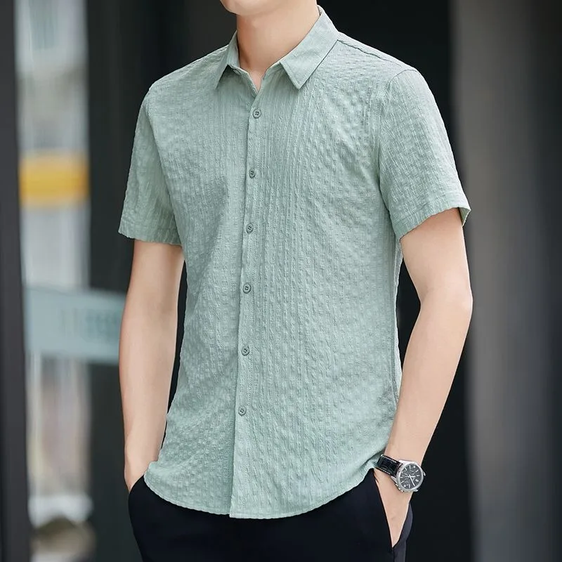 

Mens Short Sleeve Textured Jacquard Slim Fit Casual Button Up Shirt