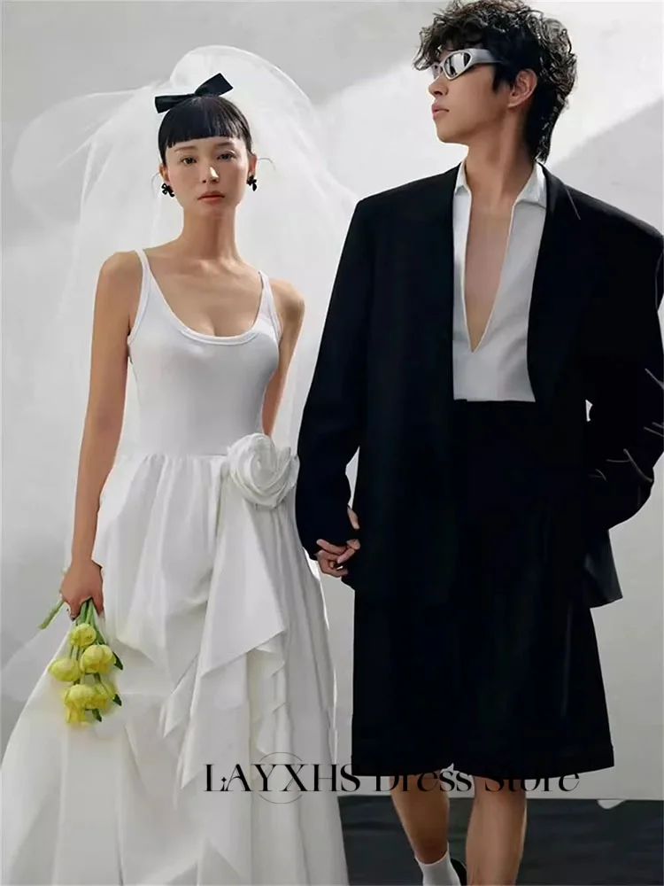 LAYXHS 韓国スパゲッティストラップのウェディングドレスプリーツ 3D 花サイドスリットブライダルドレスカスタマイズされたローブデマリー