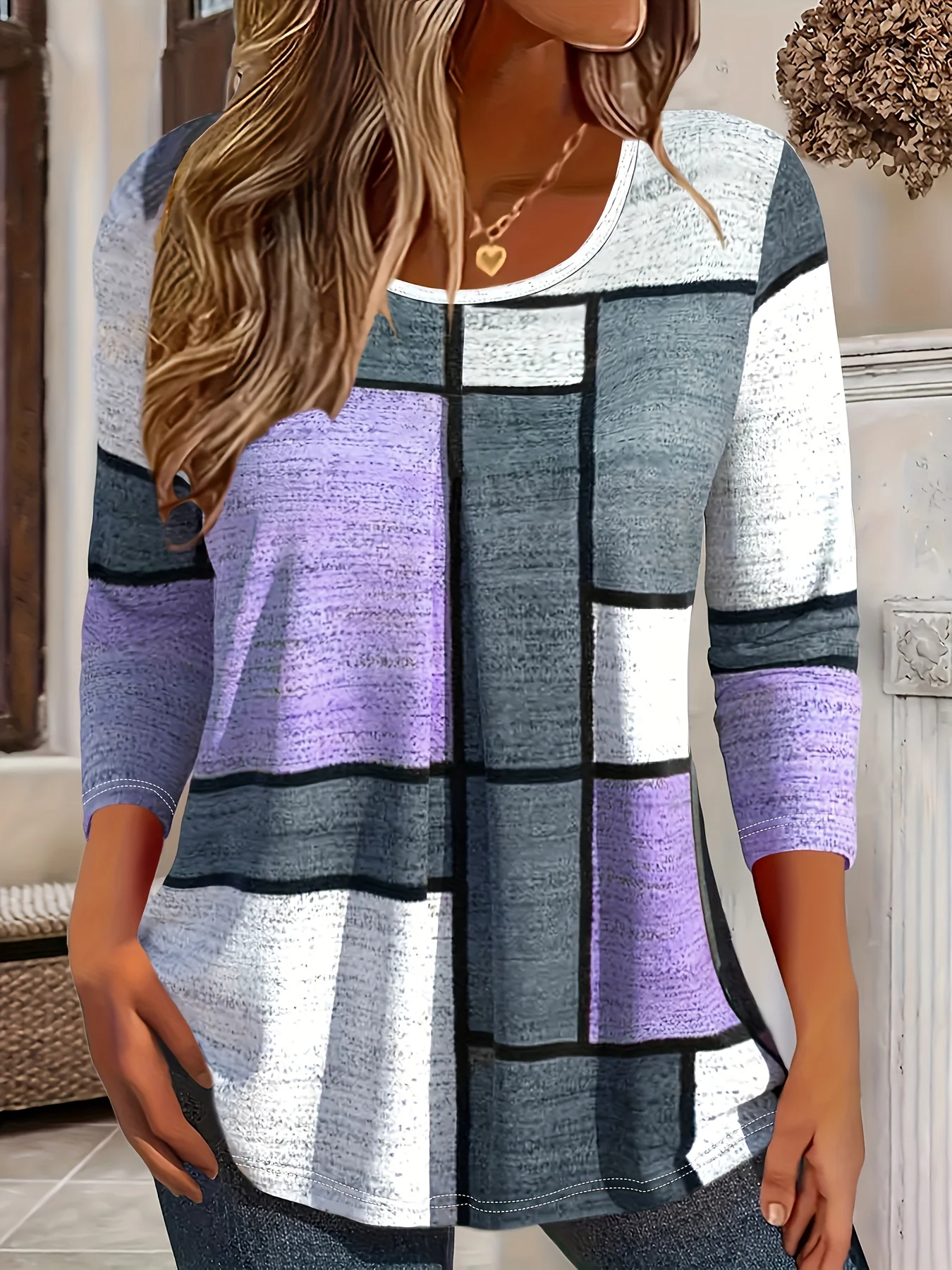 سترة نسائية كاجوال بأكمام طويلة وطباعة هندسية بمقاس كبير، مريحة وأنيقة ومتعددة الاستخدامات، مثالية للارتداء اليومي #2