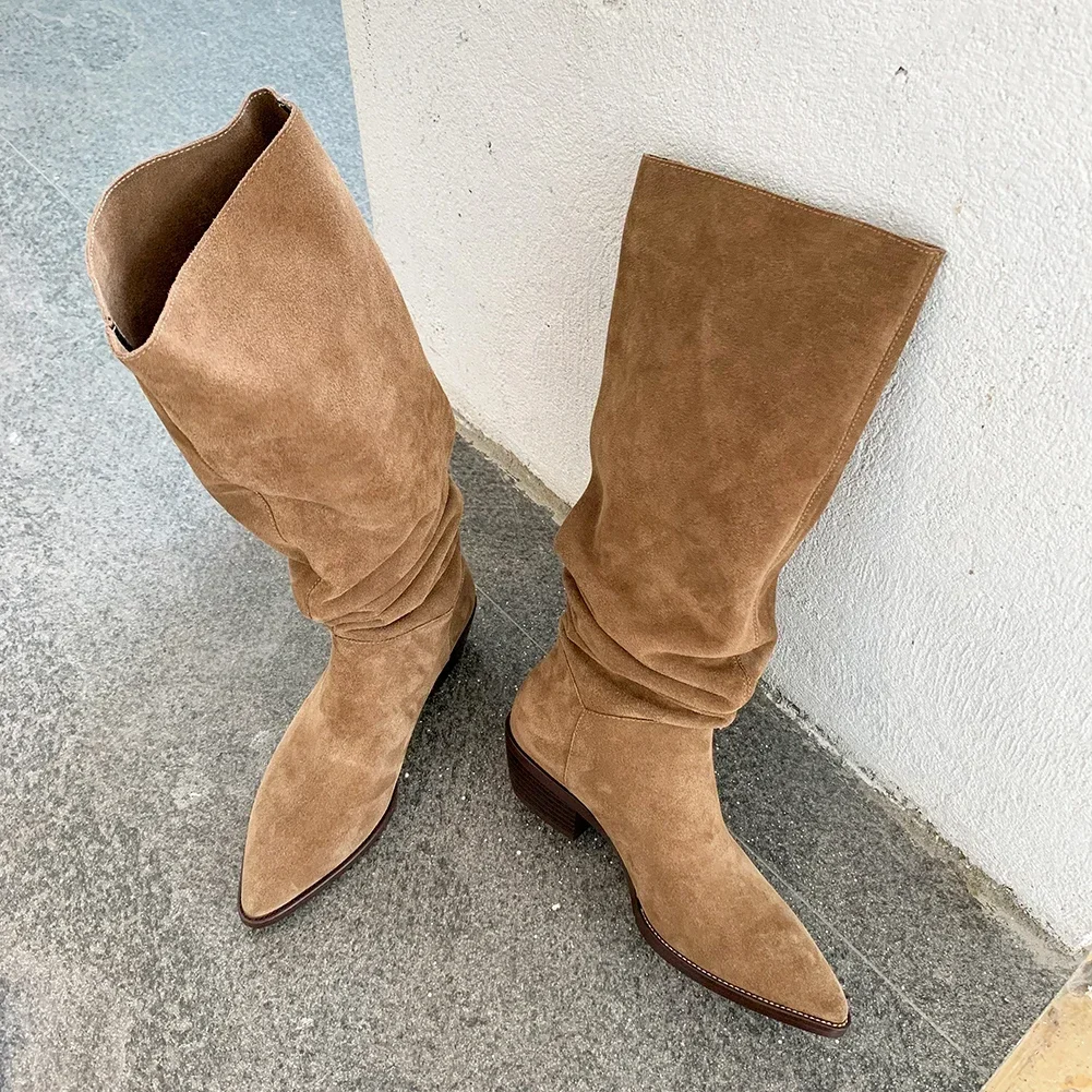 NEW Autumn Women Boots Cow Suede Leather Shoes for Women Pointed Toe Chunky Heel Shoes Slip-On Pleated Boots Knee-high Boots