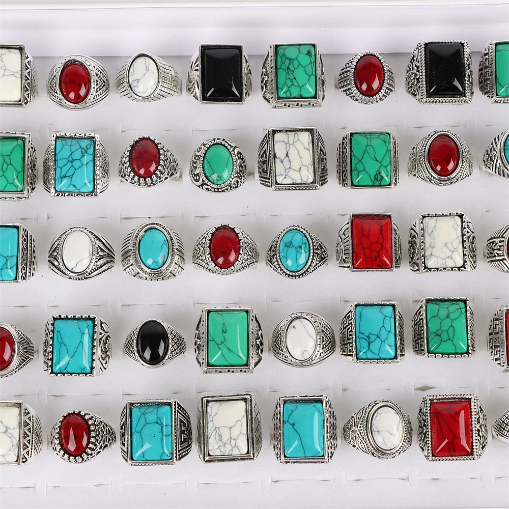 Wholesale 20Pcs/Lot Vintage Glass Turquoise Carved Flowers Rings Mix Style Antique Silver Color Jewelry For Men Women Party
