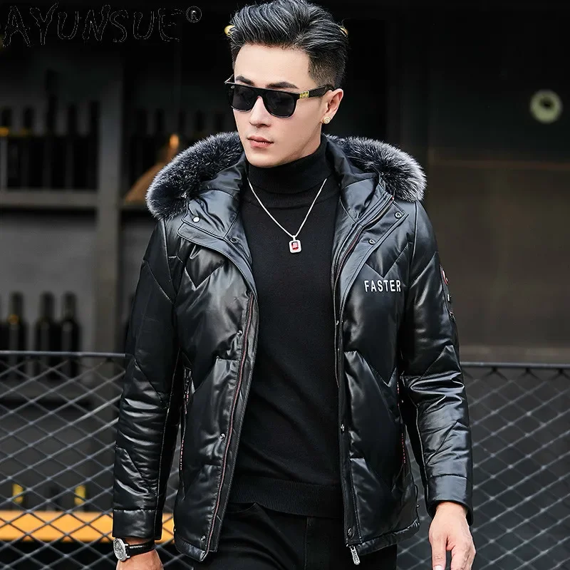 AYUNSUE Down Jacket Men Clothing Winter Coat Real Fox Fur Collar Clothes Hooded 100% Sheepskin Leather Jackets Mens Ropa LXR542