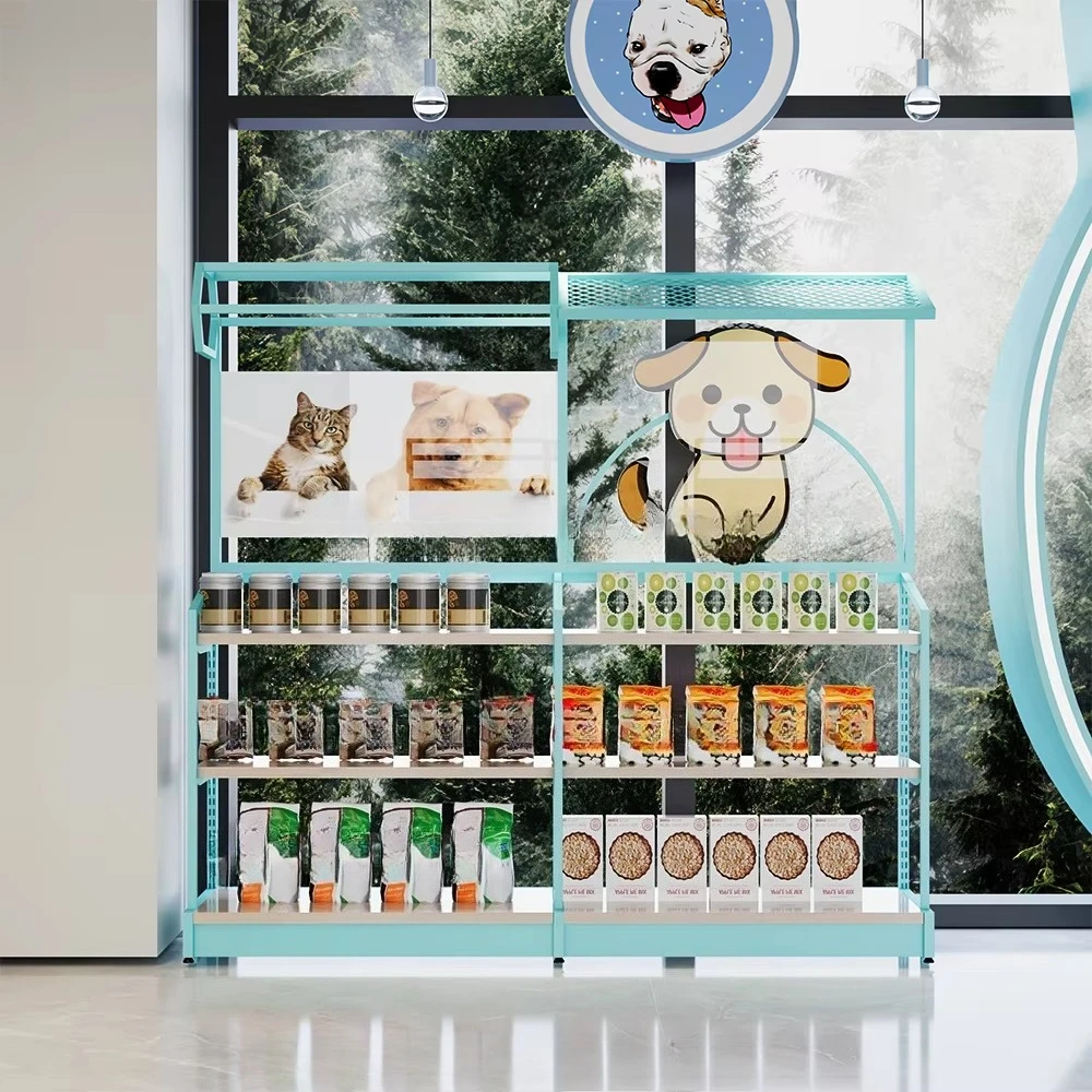 Pet store shelf display rack, dog food store display rack, cat food retail shelf, freestanding shelf