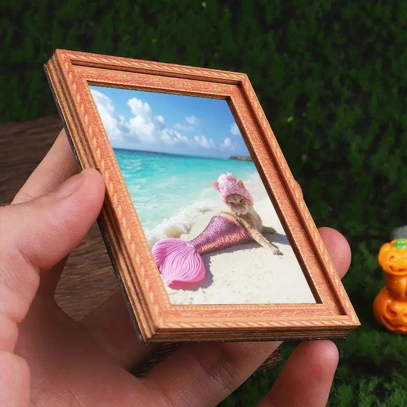 1 mini-size photo frame refrigerator magnet with a striped cat in a pink swimsuit and mermaid tail lying comfortably on the beach, fun decorative props, home and office decorative refrigerator magnets, wonderful holiday gifts
