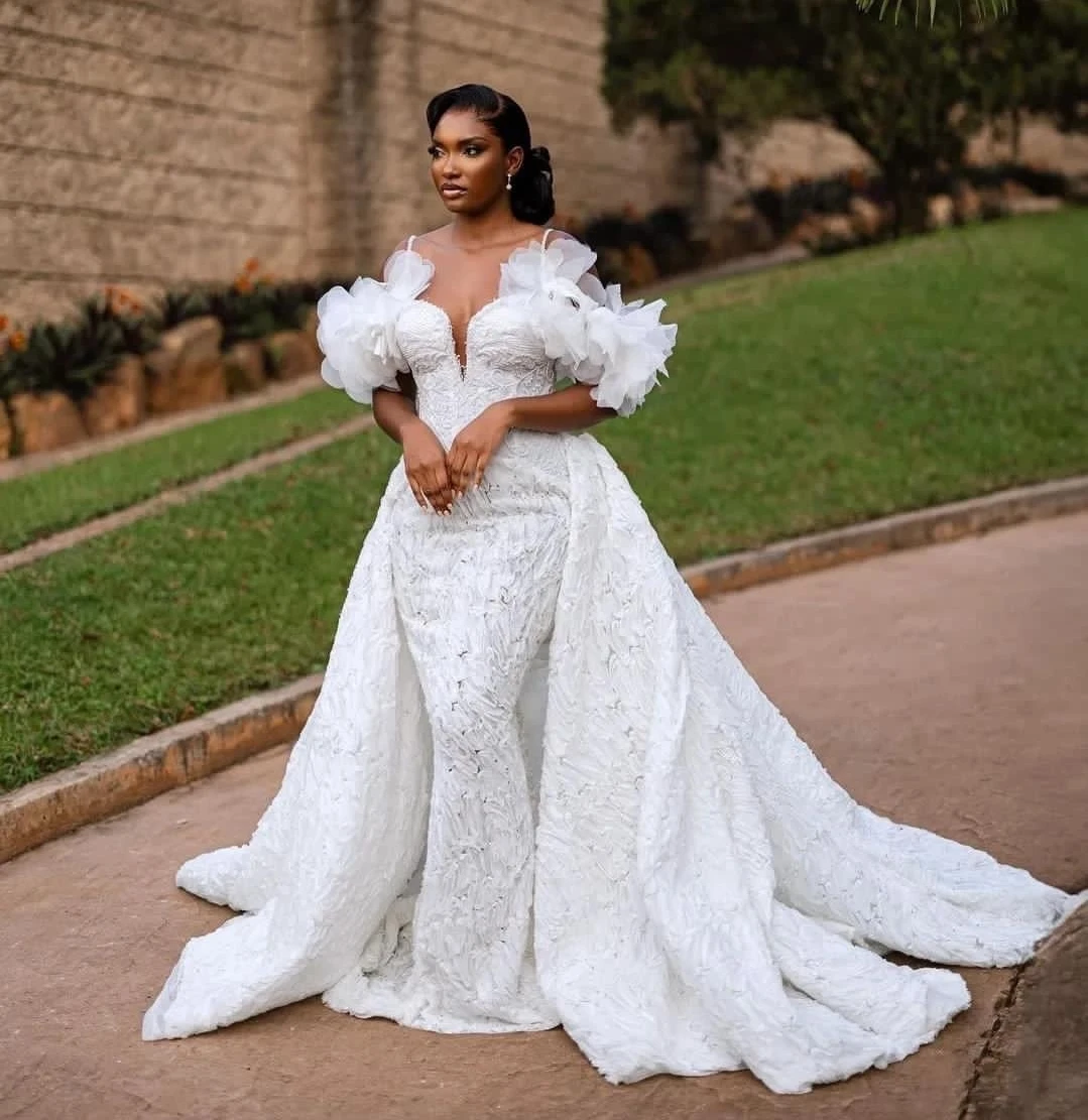 

Lace African Wedding Dresses Mermaid Sheer Ruffles Aso Ebi Women Bridal Wedding Gowns For Black Girls Customized