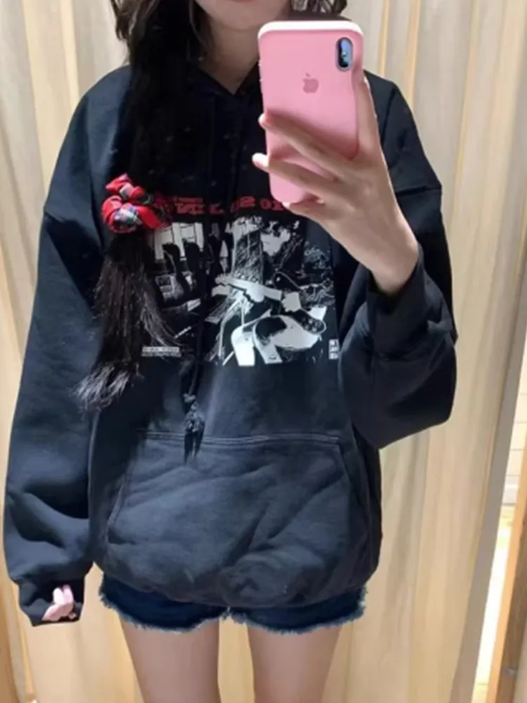 Casual Women Black Graphic Sweatshirts 2023 Fall Fashion Ladies Guitar Boy Printed Long Sleeves Hoodies Female Loose Pullovers