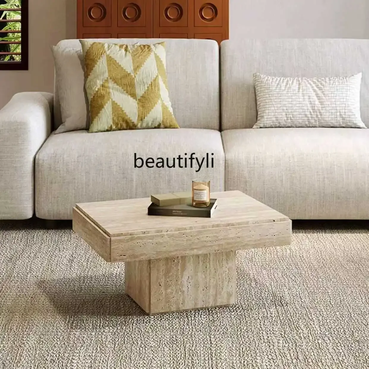 Travertine coffee table size combination villa square small tea table living room luxury stone high sense