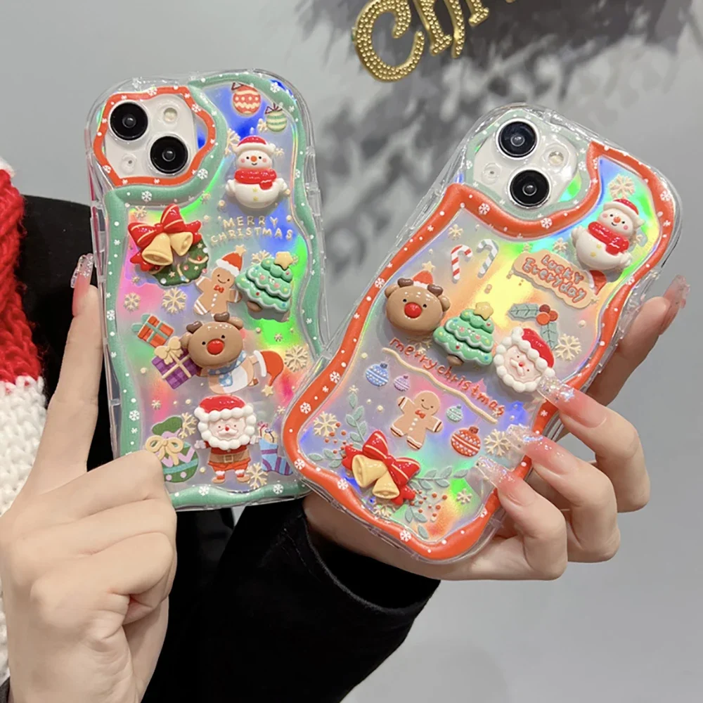 Cute 3D Santa Claus Elk Snowman Christmas Tree Phone Case For iPhone 15 Pro Max 12 14 Pro 11 13 XS 7 Plus Laser Clear Cover