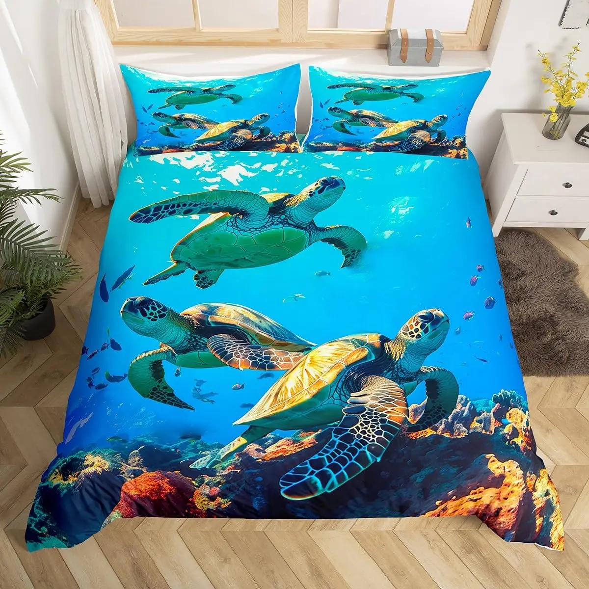 Sea Turtle Duvet Cover Ocean Animal Bedding Set Microfiber Marine Life Quilt Cover Twin Full Queen King for Kids Adult Bedroom