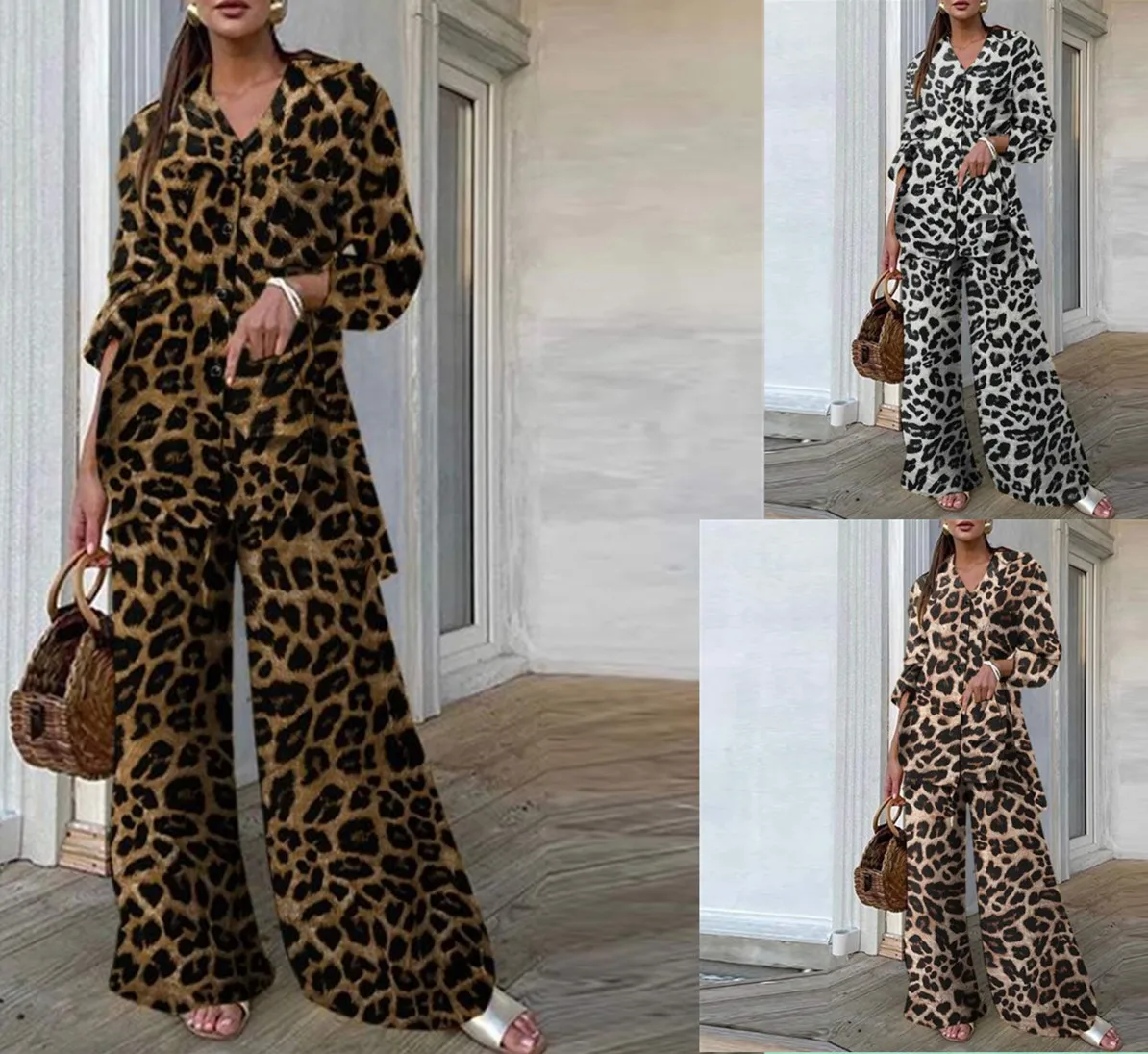 Women\'s Leopard Print Set Loose Long Sleeve Spring Ladies Sleepwear 2 Pcs with Pant Single Breasted  for Female