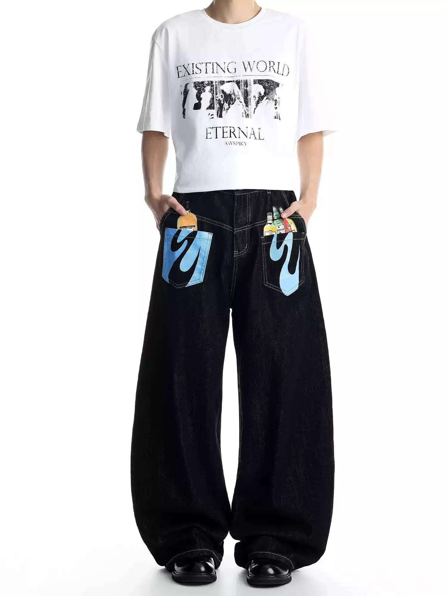 

American Style Loose Wide Leg Jeans Unisex Black Straight Fashionable Casual Printing Design Full Length Pants