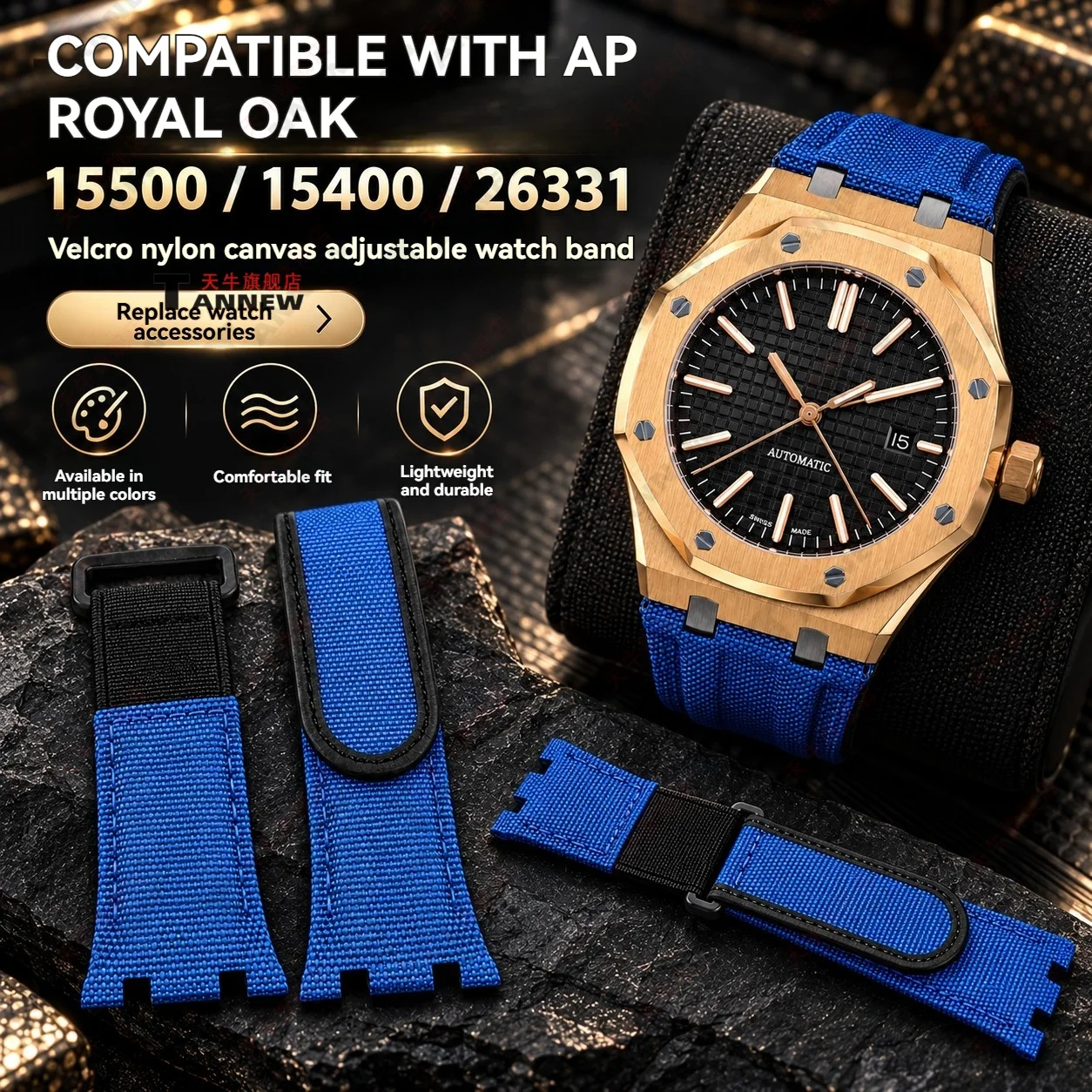 Nylon Canvas Elastic Replacement Watch Strap for Audemars Piguet Royal Oak 15500 15400 26331 15510 26237 26703 Hook Loop Band