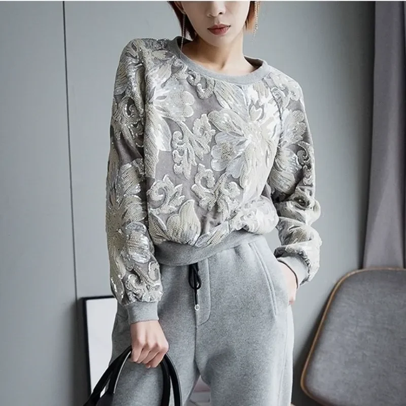 Flowers Sequined Embroidery T-Shirts Gold Velvet Fairy Beaded Pullovers Sweater Loose O-neck Tops Hoodies Crewneck Sweatshirt