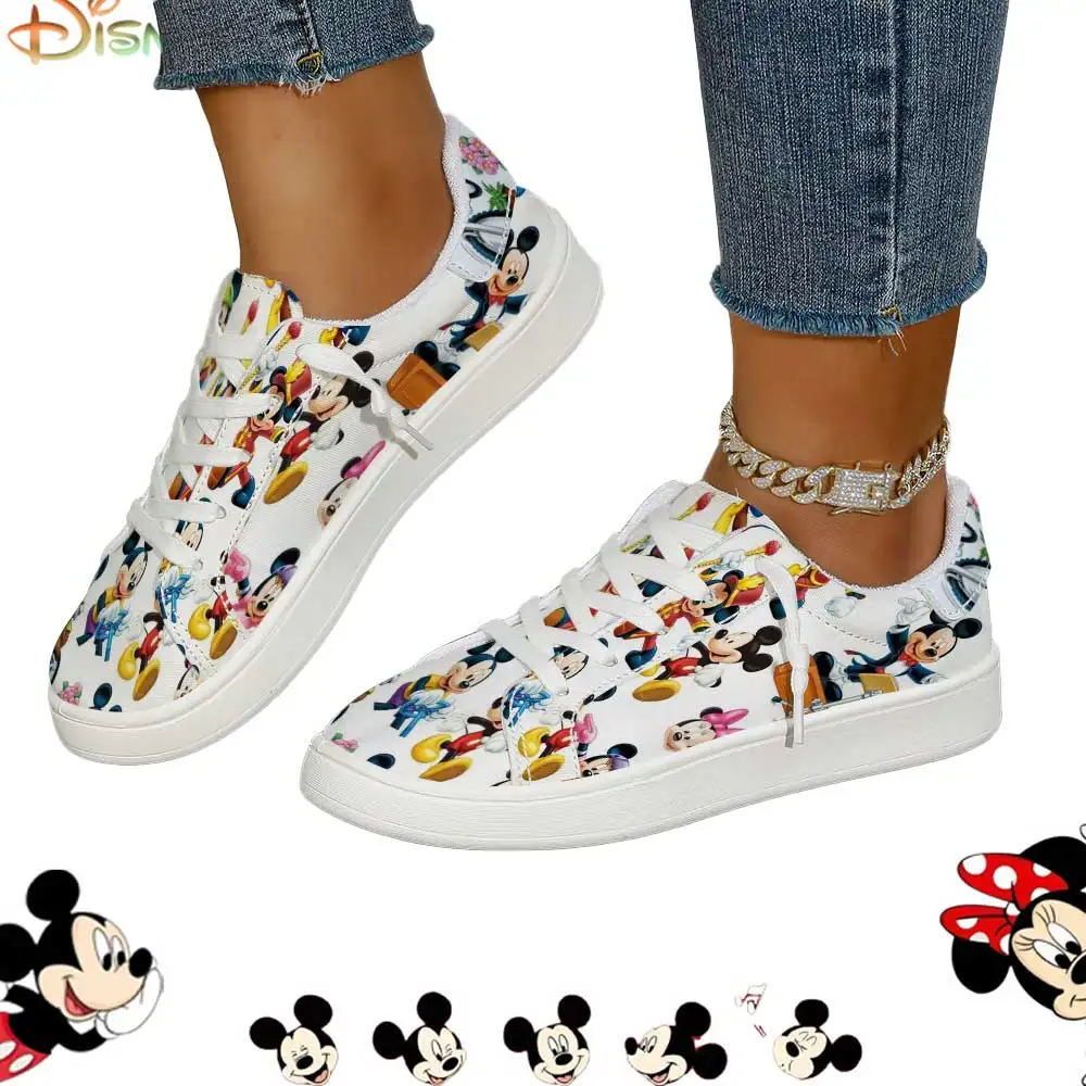 

Women’s Cute Disney Mickey Mouse All-Over Print Lace-Up White Sneakers Comfortable Casual Shoes