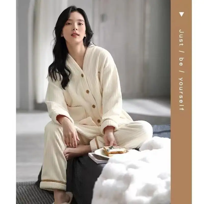 

Женский пижамный комплект из кораллового флиса, фланелевая зимняя теплая одежда для сна, уютная милая хлопковая удобная домашняя одежда, домашняя одежда, костюм, новая модель