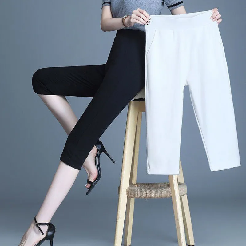 

Cropped Pants Women's Summer Office Lady Elastic High Waist Leggings Casual Slim Solid Black White Stretch Calf Length Pants