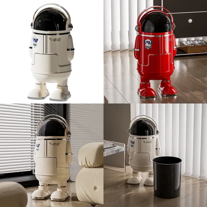 Astronaut Shaped Flip Top Trash Can Large Capacity Sealed Waste Bin for Bedroom Office Home Decor Storage Bucket