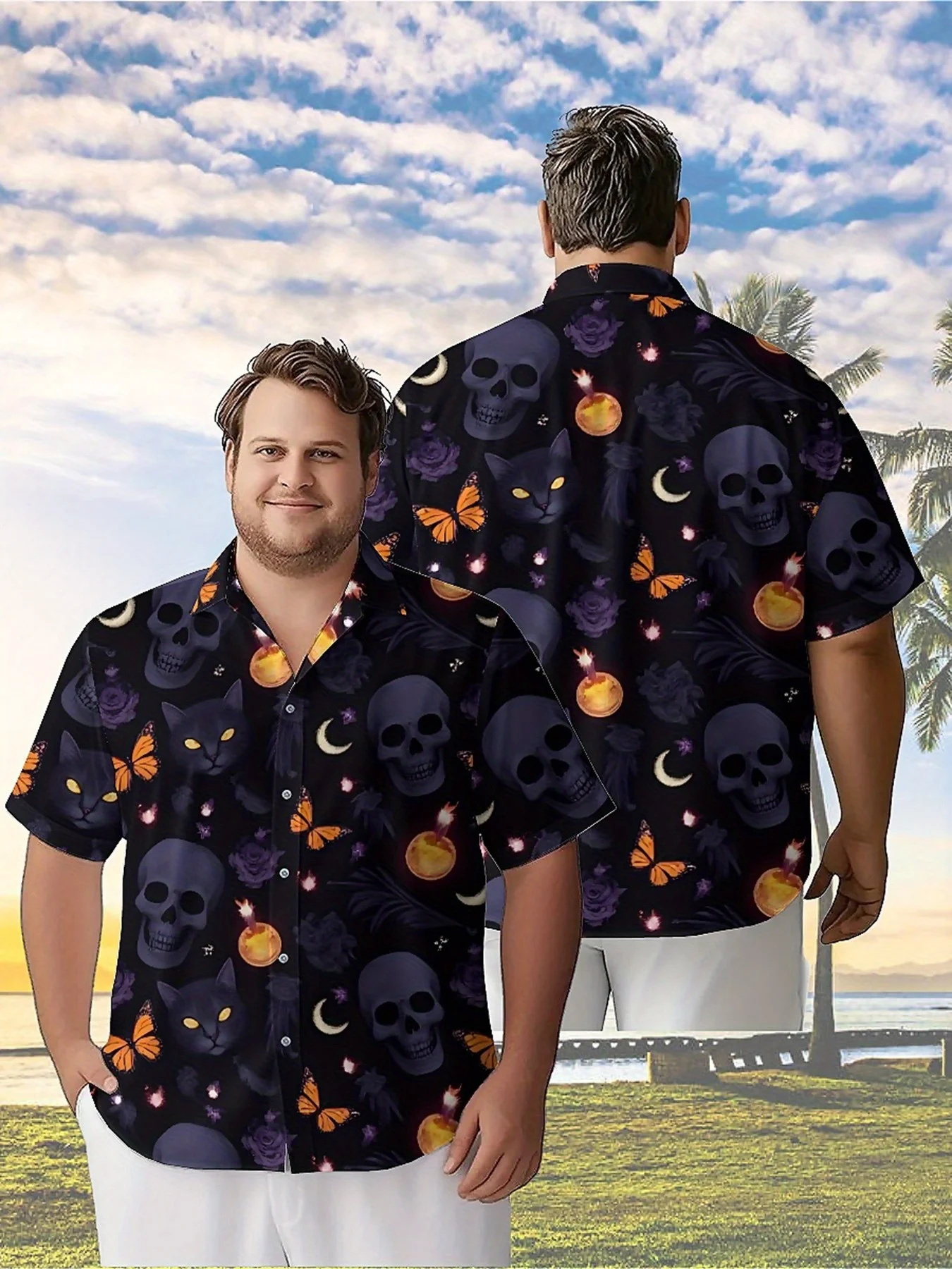 Men's Plus Size Hawaiian Shirts Skull and Butterfly Pattern, Button Up Shirts, Unisex Casual Clothing, Summer Tops