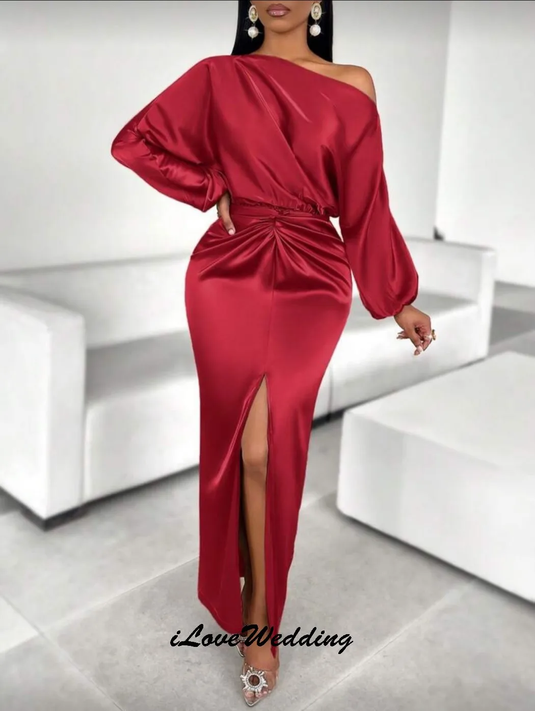 أحمر قبالة الكتف فساتين لحضور الحفلات الموسيقية 2025 كم طويل من الساتان فستان سهرة حورية البحر مطوي فساتين رسمية للنساء فستان الحفلات حسب الطلب #3