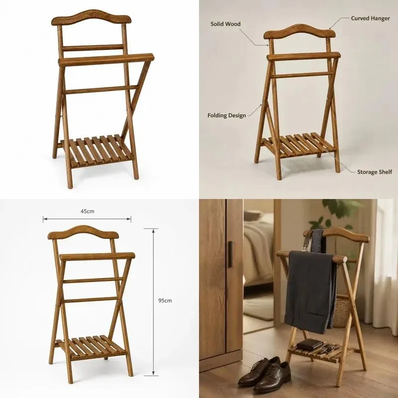 Three Layer Wooden Hanger Floor to Ceiling Solid Wood Coat Rack with Hanging Rod for Clothing Storage at Bedroom Entrance