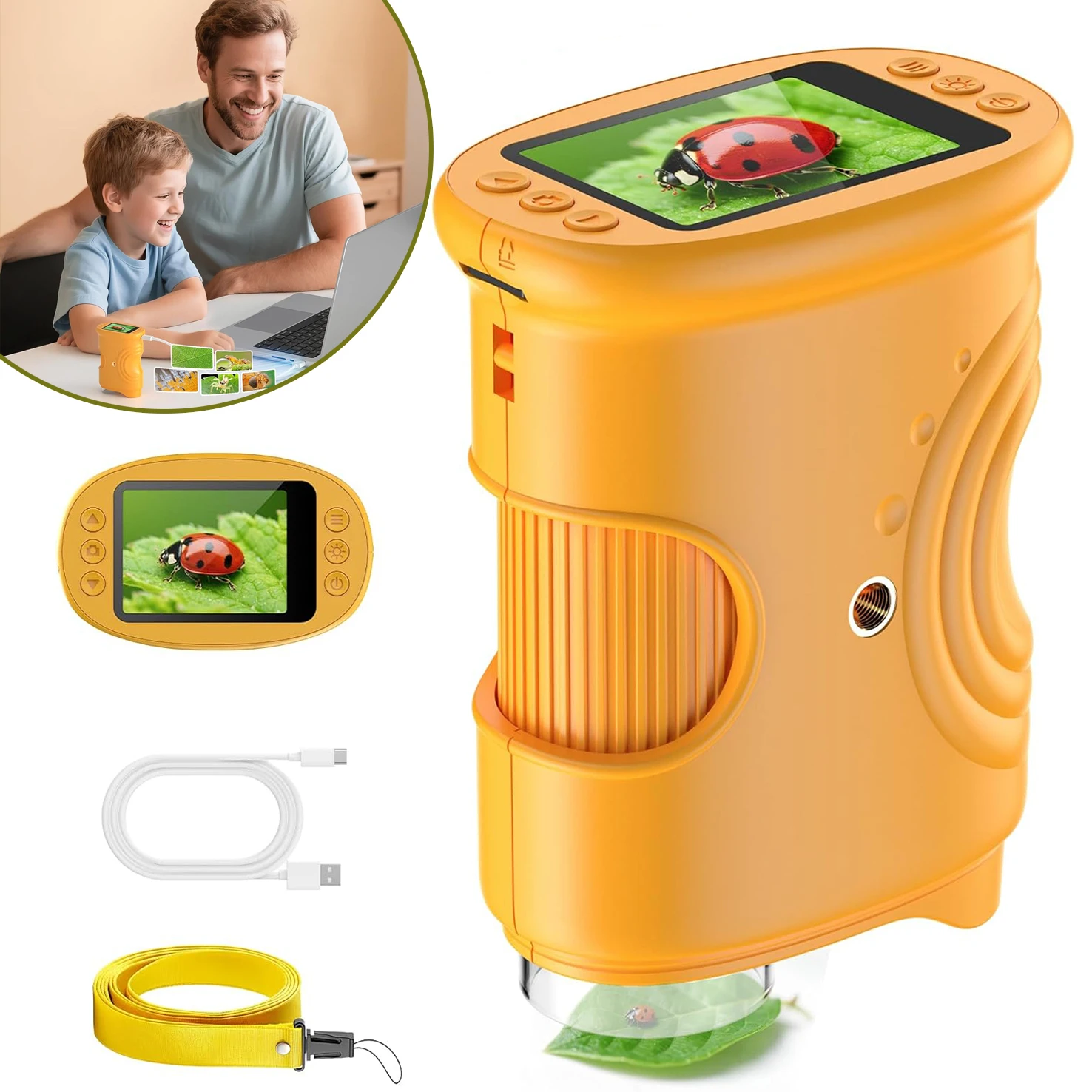 Microscopio per bambini, ingrandimento 1000x, schermo da 2,0", giocattolo STEM per bambini dai tre anni in su, microscopio digitale con funzione di registrazione di foto e video, otto LED,