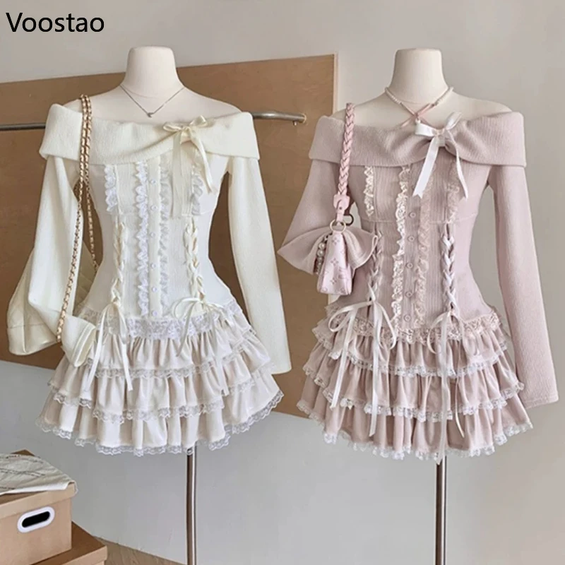 Sweet Lolita Style Skirt Set Women Y2k Aesthetic Sexy Slash Neck Bow Sweater Lace Cake Skirts Suit Korean Fashion Cute Outifits