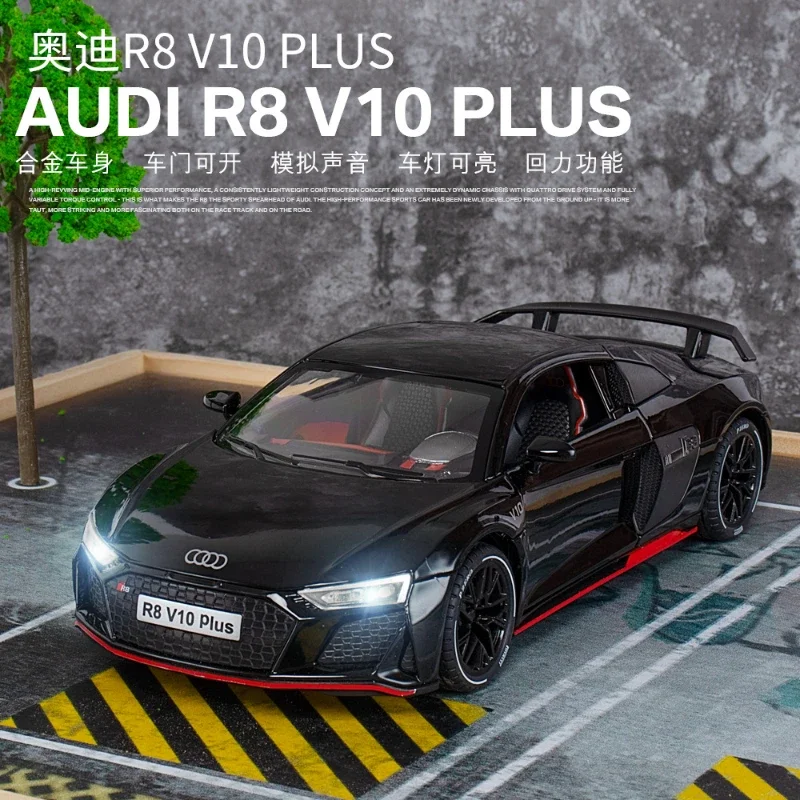 1:24 AUDI R8 V10 Plus Car Model Alloy Sports Diecasts Metal Toy Car Model High Simulation Sound Light Collection Kids Toys Gifts