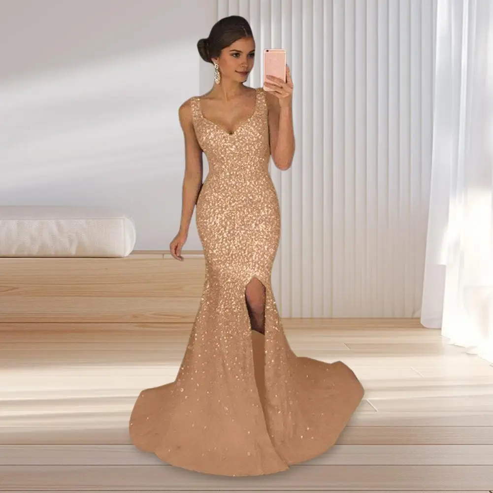 Women Elegant V Neck Sequin Evening Dress Long 2024 New Women Mermaid Formal Dress Party Gown Bodycon Maxi Prom Dress Christmas