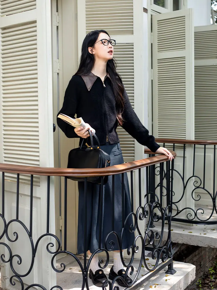 

Faionable College Sle Knitted Ne Splice Sweater And Skirt Two Piece Set Casual Retro Ele f Length Skirt