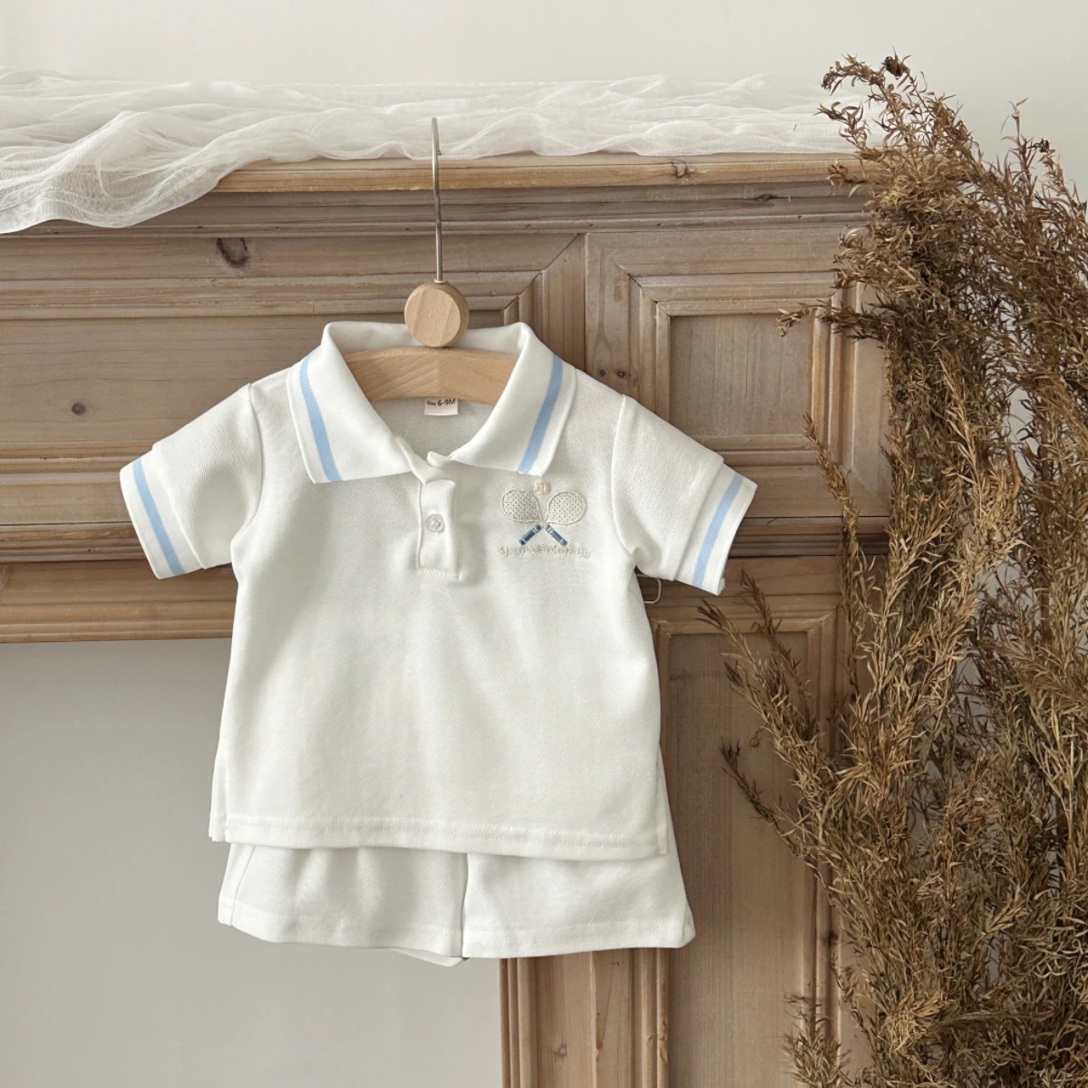 Two-Piece Set for Baby: Summer Racket Embroidery Short-Sleeve Top + Shorts. Sporty Style Set. Suitable for 0-3Y