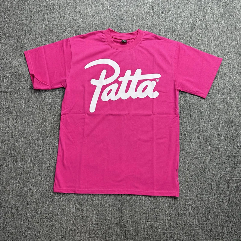 PATTA Men Women American Retro Classic Script Logo Print Magenta Loose Short Sleeve Tee