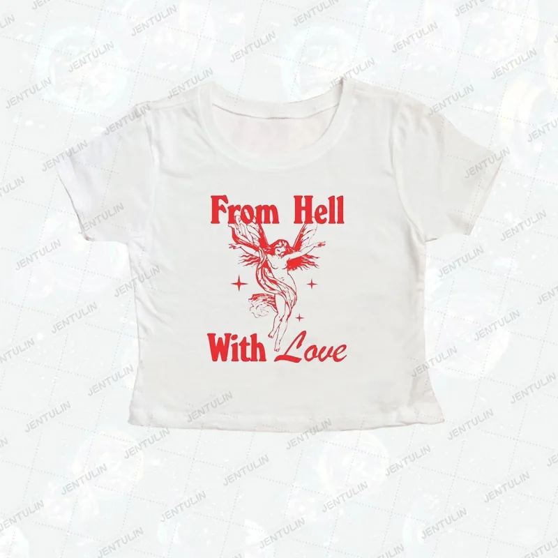 From Hell With Love Print Fairy Grunge Emo T-shirt Womens Crop Top Slim 90s Streetwear Harajuku Short Sleeve Baby Tees Y2k style