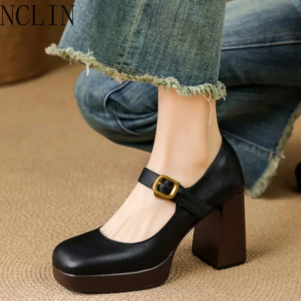2026 New Retro Buckle Mary Jane Platform Heels Women Black & Brown Leather Pumps for Commute Casual Slimming