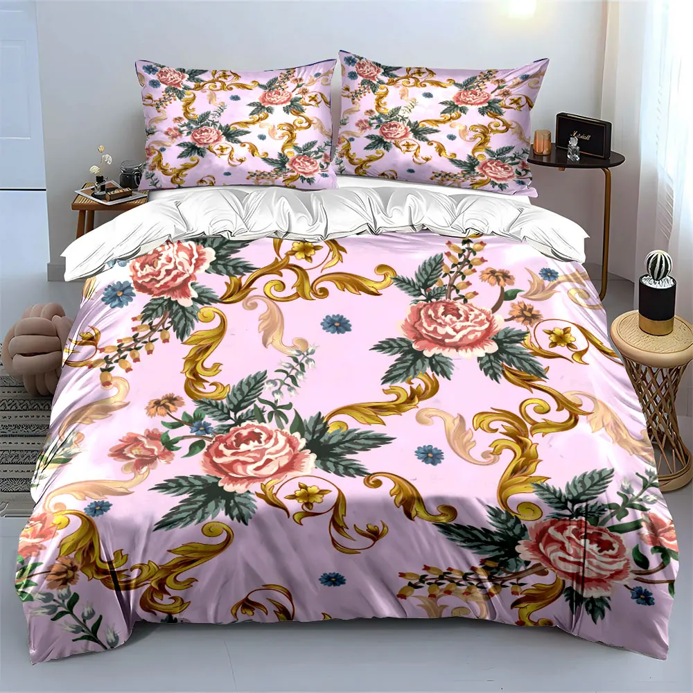 Romantic floral with golden swirls Bedding Set for Kids Luxury Gift 3pcs Digital Print Comforter Set Soft Comfortable Breathable