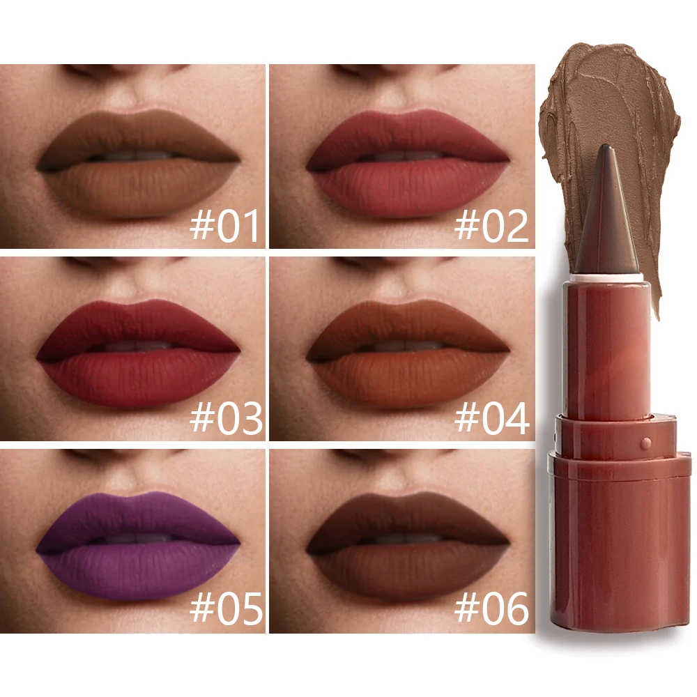 6-color conical gradient lip liner pen - matte black brown velvet lipstick, waterproof and non-greasy, blush and lip color pen,