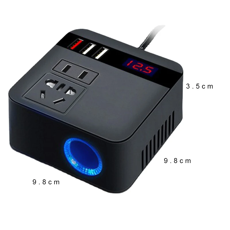 Car Inverter 150W 12V/24V To 110V/220V Cigarette Lighter Socket Power Supply Inverter Adapter with 3 USB Charger Fast Charging