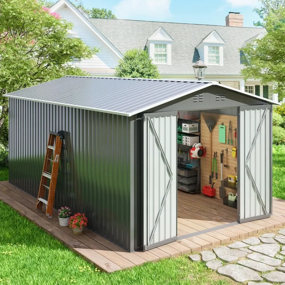 

10x12 FT Outdoor Storage Shed with Updated Frame Structure and Lockable Doors, Large Metal Tool Sheds